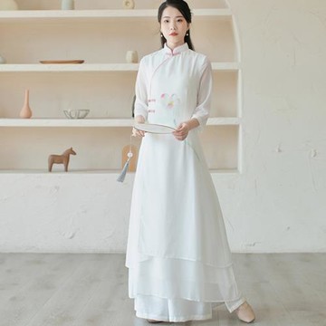 漢服茶服仙氣禪意茶藝師服裝女夏中國風中式唐裝改良版旗袍連衣裙