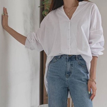 ANNAS 正韓 深V 襯衫 長袖 白襯衫 色面 長版 縮腰 背後造型 寬鬆 男友襯衫 性感 上班族 韓國