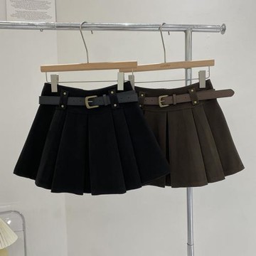 配皮帶高腰黑色防走光呢子百褶裙女2024秋冬韓版百搭A字半身短裙