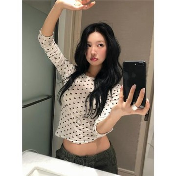 櫻花麻豆波點韓女~ins風微透薄款七分袖圓領T恤短款百搭休閑上衣