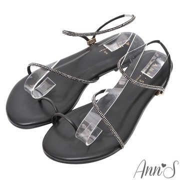 Ann’S仙女凡間-燙鑽極細線條繞踝平底涼鞋-黑(季末換季出清)