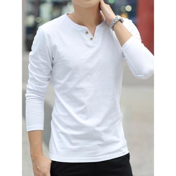 秋冬季男裝V領純色寬松純棉男士長袖T恤上衣服體恤內搭潮流打底衫