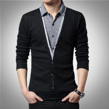 男裝假兩件套長袖T恤寬松胖人拼接襯衫領肥佬上班200斤穿秋上衣服