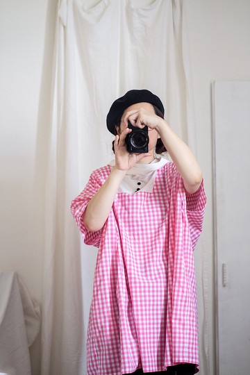 桃紅野餐大格 超寬版連帽斗篷上衣