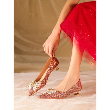 【芯芯麻】高級感中跟紅色敬酒服秀禾服婚鞋新娘鞋低跟不累腳孕婦