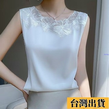 ⚡免運【新品上新】🌸蕾絲無領勾花拼接背心女遮肚仿真絲吊帶寬松高檔緞面西裝無袖上衣