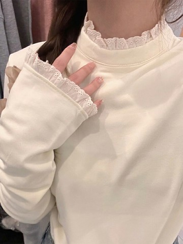 蕾絲花邊半高領德絨打底衫女秋冬白色木耳邊內搭加絨加厚保暖上衣