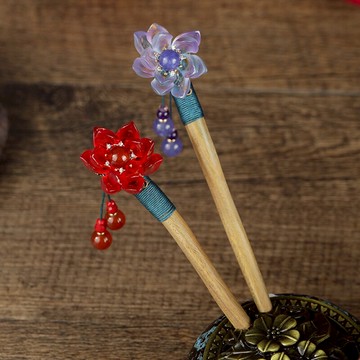 天然綠檀木蓮花瑪瑙流蘇發簪女復古氣質盤發簪子古風漢服發釵頭飾