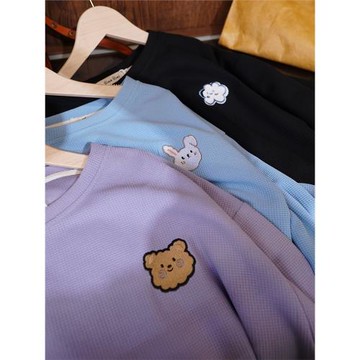 減齡寬松華夫格T恤初秋新款刺繡