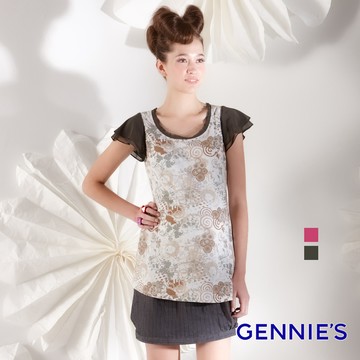 Gennies奇妮 個性圖騰圓領春夏上衣-桃紅/綠(G3160)