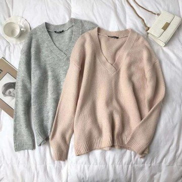 返場清倉 歐美單V領針織衫 寬松顯瘦套頭長袖毛衣秋冬外套女線衫