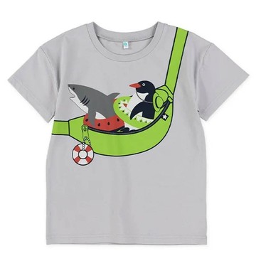 日本西松屋 - 逗趣海洋腰包印花短袖上衣-企鵝鯊魚-淺灰