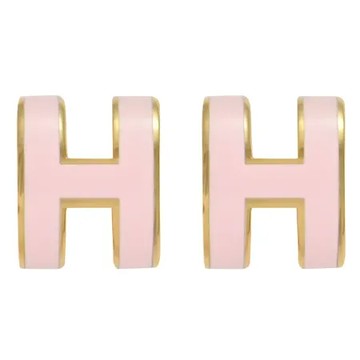 HERMES MINI POPH 經典H LOGO橢圓銀飾耳環.金/糖果粉