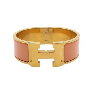 【二手名牌BRAND OFF】HERMES 愛馬仕 粉色琺瑯 金色鍍金 Clic H 手環