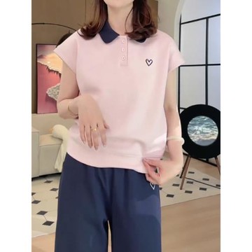 大碼寬松Polo領別致小飛袖短袖t恤女夏季胖mm顯瘦寬松遮肚子上衣