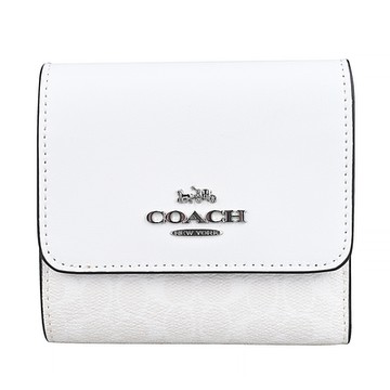 COACH 銀色金屬LOGO釦式PVC拼接皮革三折中夾(白)