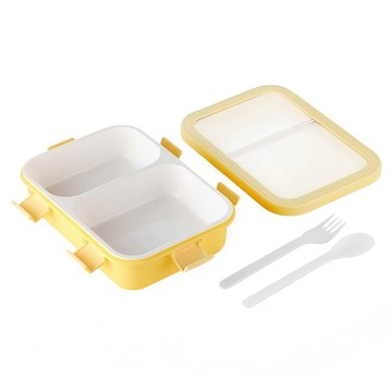Couselect 6扣便當盒/可微波加熱上班學生PP餐盒 兩格款  黃色  1套  便當盒 850ml + 叉子 + 湯匙