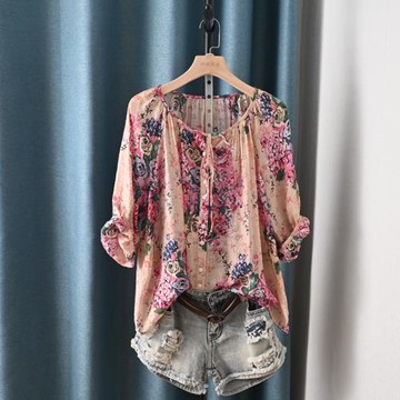 復古輕薄氣質花朵印花寬松大碼上衣 夏季新款圓領系帶七分袖襯衫