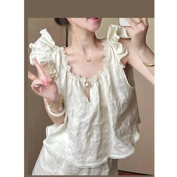 宮廷風奢華小飛袖睡衣女款夏季新款高級感大碼蕾絲花邊家居服套裝