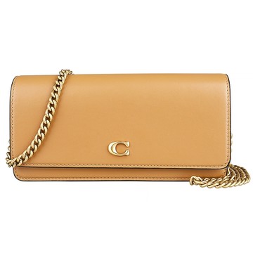COACH Evie金字金屬LOGO皮革鏈帶長夾斜背包(蜂蜜棕)