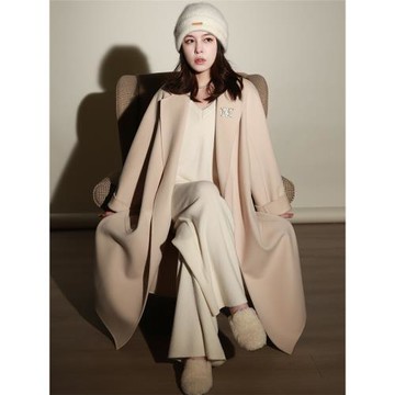 NZ老錢風經典浴袍款米白杏色大口袋寬松中長款雙面羊毛羊絨大衣女