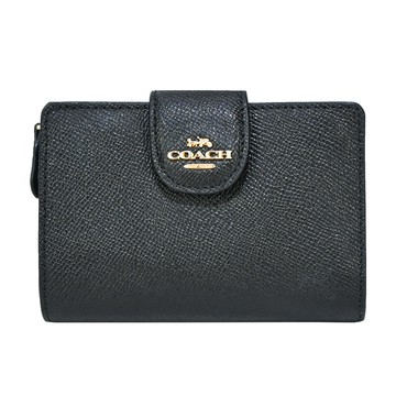 COACH 立體馬車LOGO 素面防刮皮革釦式中夾（黑） _廠商直送