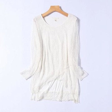 E30-4春秋新品女裝清新網紗刺繡花邊拼接針織鏤空雙層大碼T恤衫