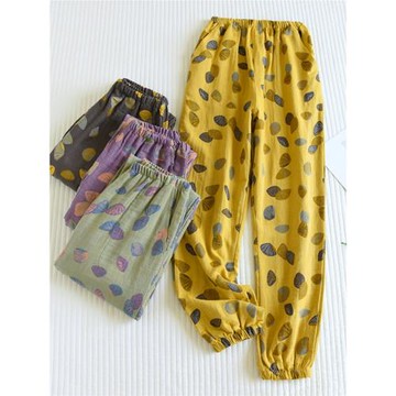 日系水洗純棉睡褲女夏季色織提花紗布長褲外穿春秋寬松收口家居褲