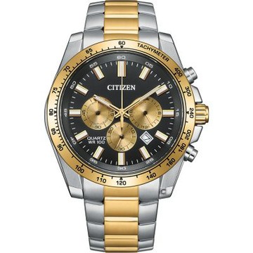 CITIZEN 星辰 Chronograph 運動潮男計時石英腕錶-44mm黑x金色 AN8234-58E