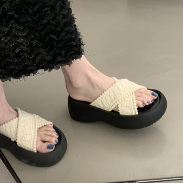 【現貨出清】日系編織布面交叉圓頭厚底拖鞋．白鳥麗子