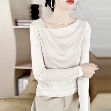 高檔歐貨醋酸長袖斜領純色上衣女2025春秋新款柔軟舒適修身打底衫