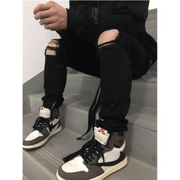 新品FOG重磅破洞抽繩純黑色彈力修身側拉鏈高街潮人水洗牛仔褲潮