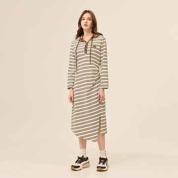 ILEY伊蕾 拼接絨布連帽條紋洋裝(咖；M-XL)