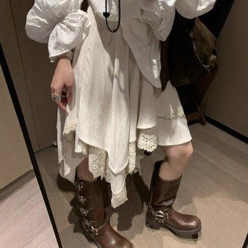 不規則蕾絲拼接半身裙女2025早秋季新款a字高腰顯瘦中長裙鑫弘-素時衣櫥