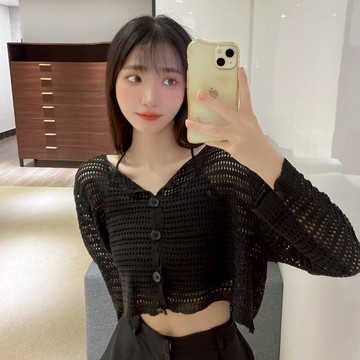 鏤空薄款防曬罩衫【3902】Sandy33實拍春夏新款韓系INS休閒百搭氣質涼感透膚長袖外套 短版外套 開衫外套薄外套
