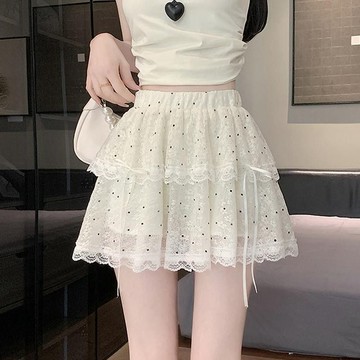 【砂糖夢境】洋氣少女感波點蕾絲半身裙2025夏季新款甜美蝴蝶結綁帶蛋糕短裙女