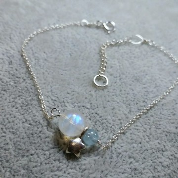 7/8 mm 強光月亮石 配 純銀星星 , 海藍寶 純銀手鍊 Moonstone, aquarmarine , silver star  925 silver bracelet