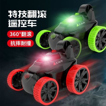 跨境熱款兒童遙控特技電動翻斗車帶燈光音樂翻滾萬向玩具車地攤