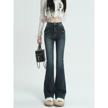 WARDROBE美式復古微喇叭牛仔褲女春秋爆款彈力高腰顯瘦修身直筒褲