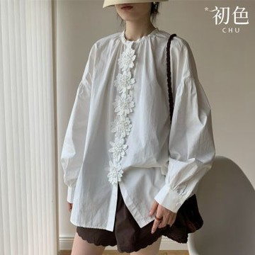 初色 法式純色立體花朵鬆弛感寬鬆長款單排釦圓領長袖燈籠袖襯衫上衣女上衣-白色-18792(M-2XL可選)