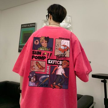 玫紅色蠟染t恤男高街美式hiphop潮牌短袖夏季重磅大碼五分袖體恤