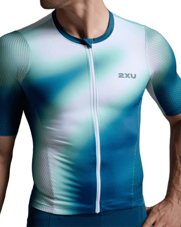 男T恤 2XU Aero Hex Tri Sleeved Top 男士 暢跑流體動能選手實戰有袖三鐵上衣｜薄荷綠 / 深藍