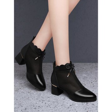 顏值款真皮女鞋2025年夏季新款粗跟百搭網紗媽媽皮鞋透氣中跟網靴