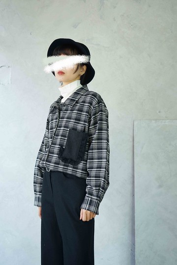 尋寶古著-黑灰格紋毛料拼貼口袋設計寬鬆中性襯衫