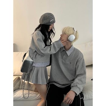 韓系假兩件撞色拼接衛衣春秋2026長袖寬松翻領情侶裝一長一短上衣