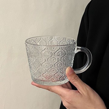 簡約海棠花把杯玻璃杯  玻璃杯 ins風復古冰咖啡杯 珠點條紋早餐牛奶杯 耐熱杯 早餐杯 咖啡杯 耐熱玻璃杯