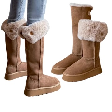 白鳥麗子 [現貨快出] 兩穿馬靴 經典純色麂皮內刷毛後鈕扣厚底高筒雪靴