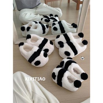 保暖可愛熊貓親子冬季家用軟底包頭毛絨絨鞋防滑女士月子鞋棉拖鞋