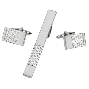 銀色拉絲格子袖扣領帶夾套裝