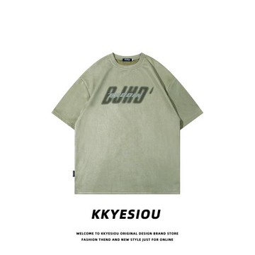 KKyesiou美式復古嘻哈字母涂鴉短袖T恤男女麂皮絨ins潮牌情侶體恤